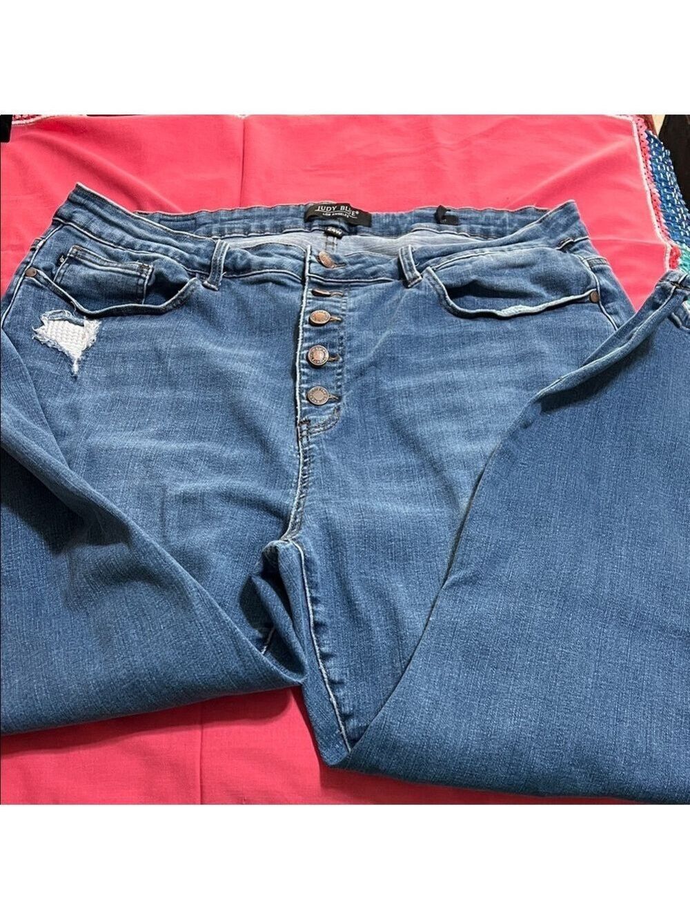 Judy Blue Distressed Button-Fly Skinny Jeans in Blue. 24W